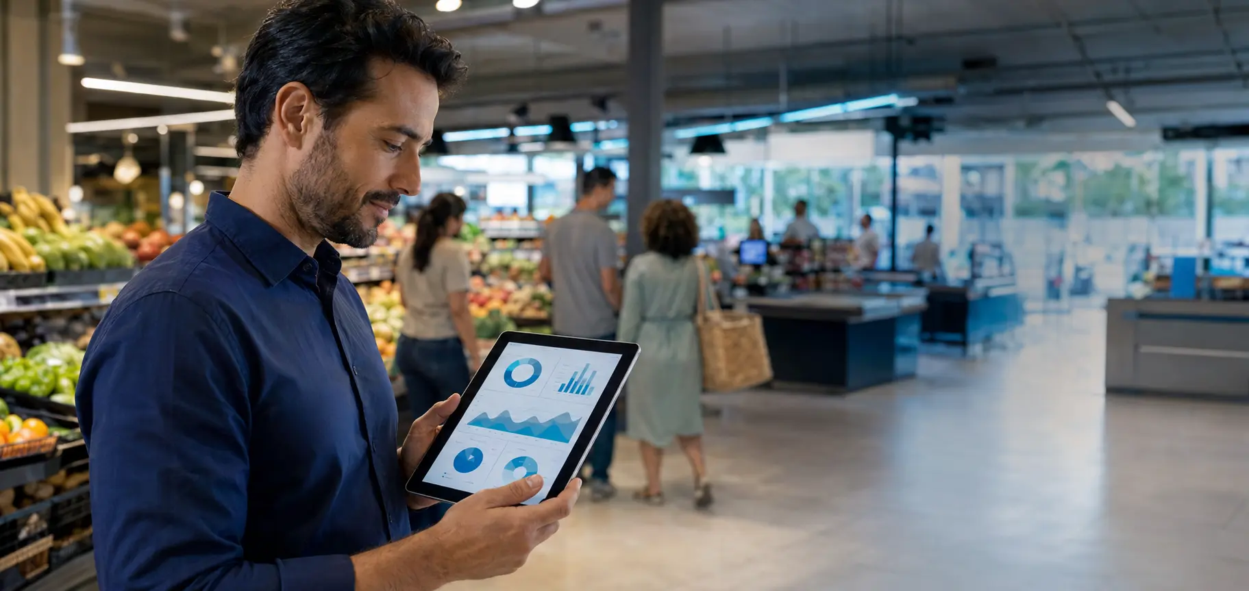 Gestor de mercado analisando informações em um tablet